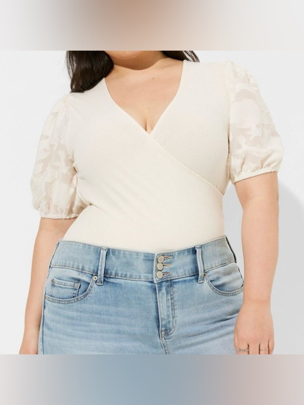 Torrid Cream Soft Rib Knit V Neck Puff Sleeve Blouse Women’s Plus Size 2X